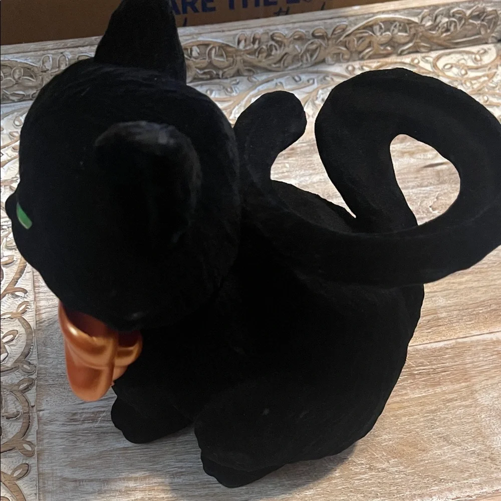 Black Cat Plush with Orange Bow 3 Wick Candle Holder
